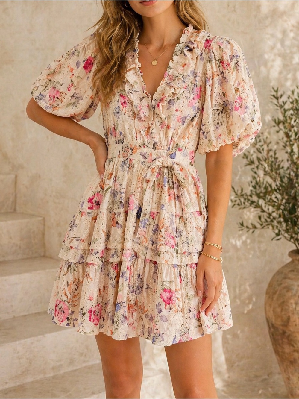 DANCE & MARVEL FLORAL LACE EYELET RUFFLE MINI DRESS NWT